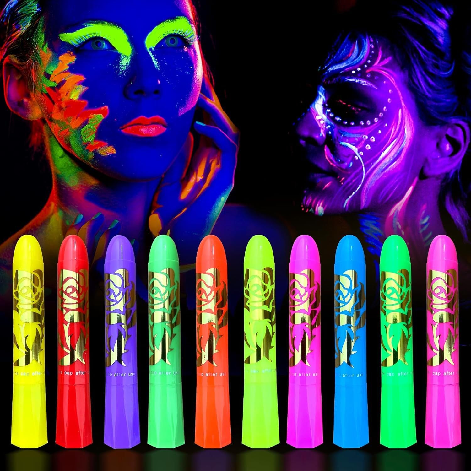 10 PCS Glow Face Body Paint Crayons Glow In The Dark Under UV Black Light Sticks Makeup Neon Face Painting Kits For Adult Kids Halloween Festival Accessory Glow Party Supplies