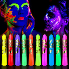 10 PCS Glow Face Body Paint Crayons Glow In The Dark Under UV Black Light Sticks Makeup Neon Face Painting Kits For Adult Kids Halloween Festival Accessory Glow Party Supplies