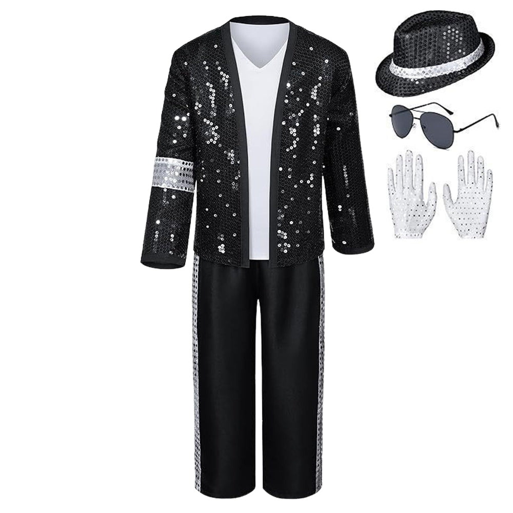 Adult Kids Band Singer Black White Sequins Set Stage Performance Outfits Cosplay Costume