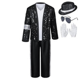 Adult Kids Band Singer Black White Sequins Set Stage Performance Outfits Cosplay Costume