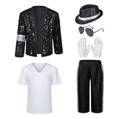 Adult Kids Band Singer Black White Sequins Set Stage Performance Outfits Cosplay Costume