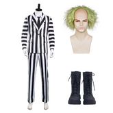 Beetlejuice Men Black and White Striped Suit Jacket Shirt Pants Outfit Halloween Carnival Costume Cosplay Costume
