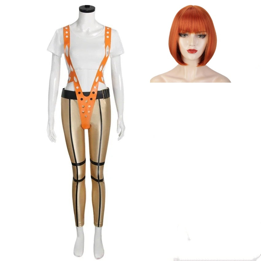 The Fifth Element Leeloo White Top Orange Braces Trousers Set Outfits Cosplay Costume