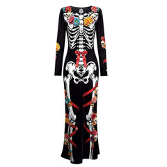 Day Of The Dead Halloween Skeleton Black Dress Outfits Festival Cosplay Costume
