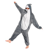 Gray Shark Animals Onesie Cartoon Pajamas Warm Home Flannel Hooded Sleepwear Halloween Carnival- OLAOLA