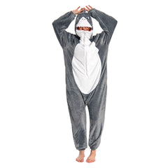Gray Shark Animals Onesie Cartoon Pajamas Warm Home Flannel Hooded Sleepwear Halloween Carnival- OLAOLA