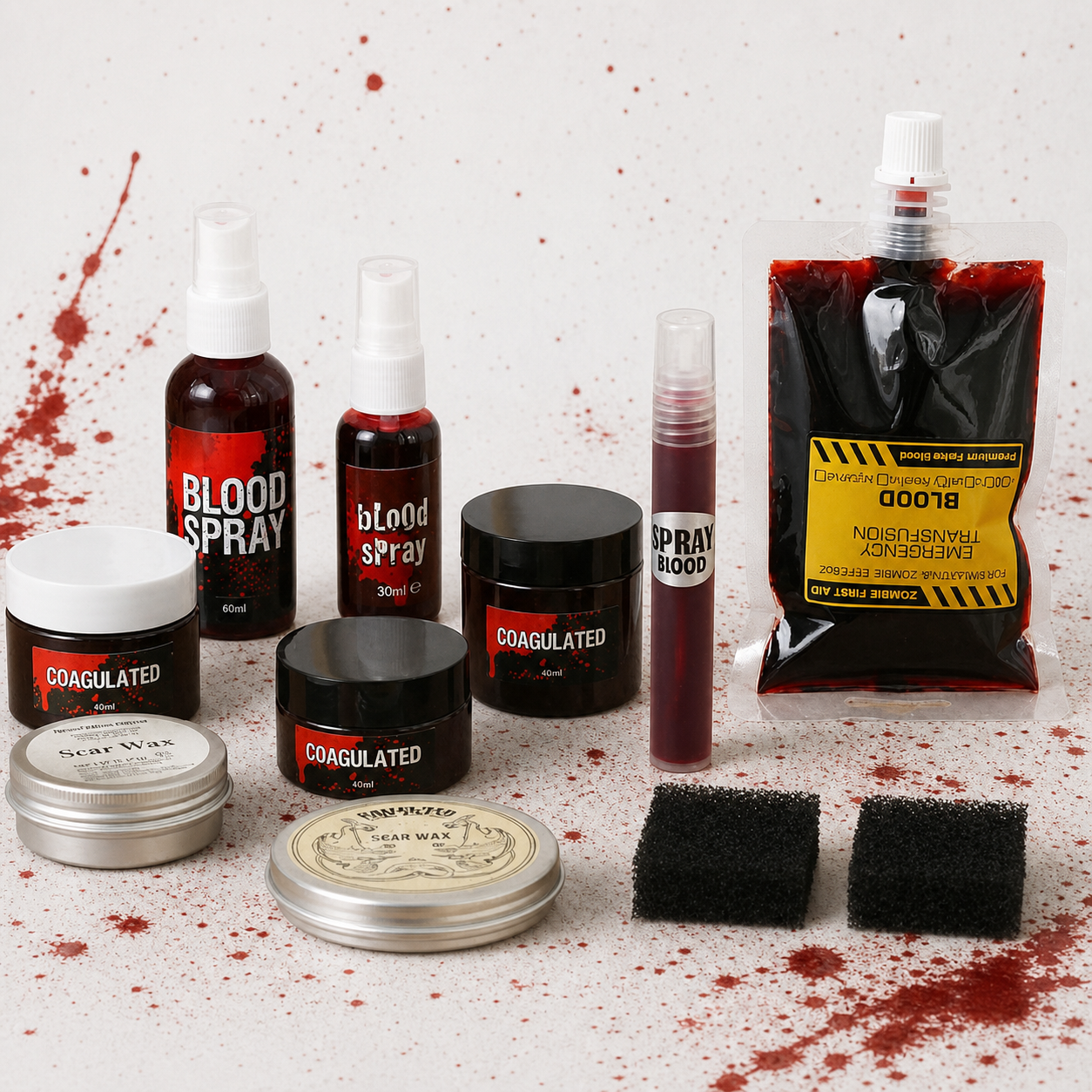 Halloween Fake Blood Kit Coagulated Blood Gel Fake Blood Spray Dripping Blood Scar Wax Realistic Washable Cosplay SFX Makeup For Zombie Vampire Clown Monster Clothes Dress Up With Sponge