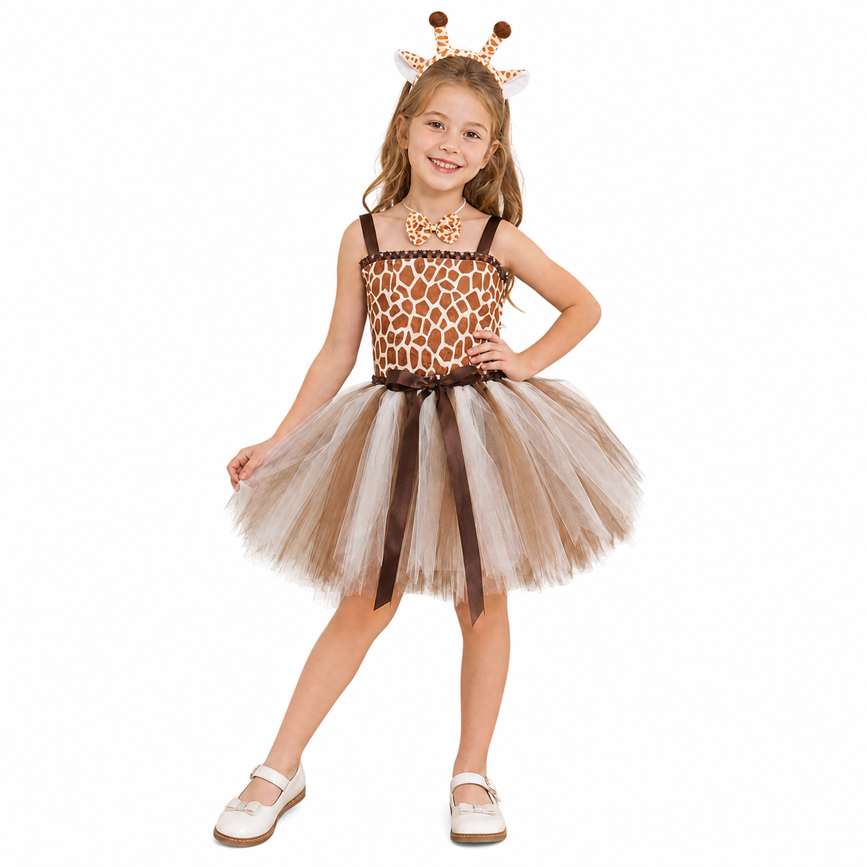 Kids Children Brown Giraffe Dress With Headband Tail Girls Outfits Set Cosplay Costume Halloween Carnival Suit
