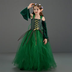 Kids Children Green Forest Elf Dress Outfits Cosplay Costume Halloween Carnival Suit