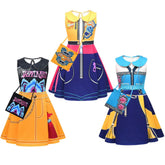 Kids Children Rumi Zoey Mira Printed Sleeveless Blue Dress Bag Outfits Cosplay Costume