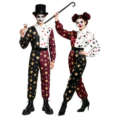 Male Female Poker Clown Black White Jumpsuit Outfits Halloween Cosplay Costume