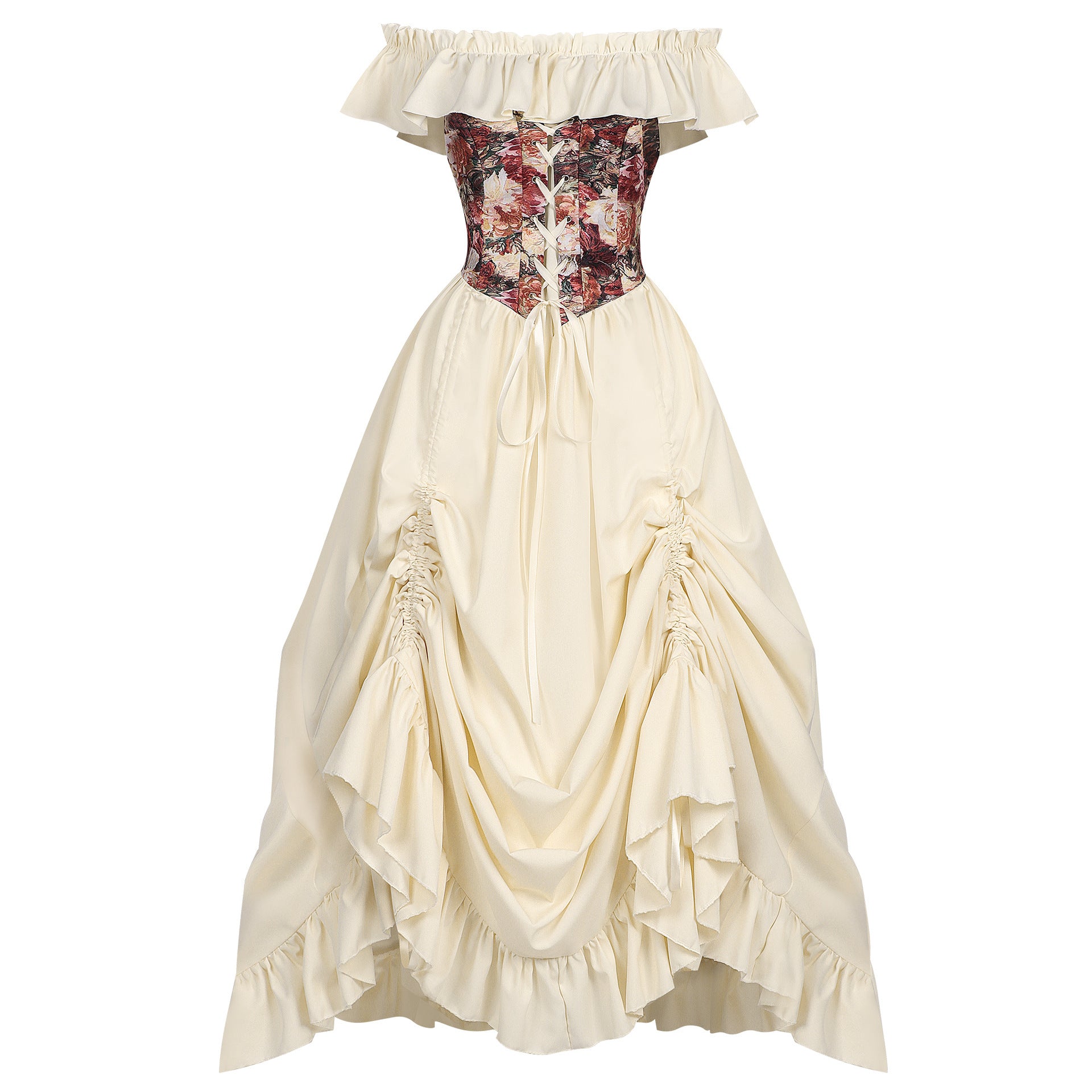 Renaissance Medieval Floral Corset Drawstring Dress Outfits Halloween Cosplay Costume