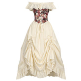 Renaissance Medieval Floral Corset Drawstring Dress Outfits Halloween Cosplay Costume