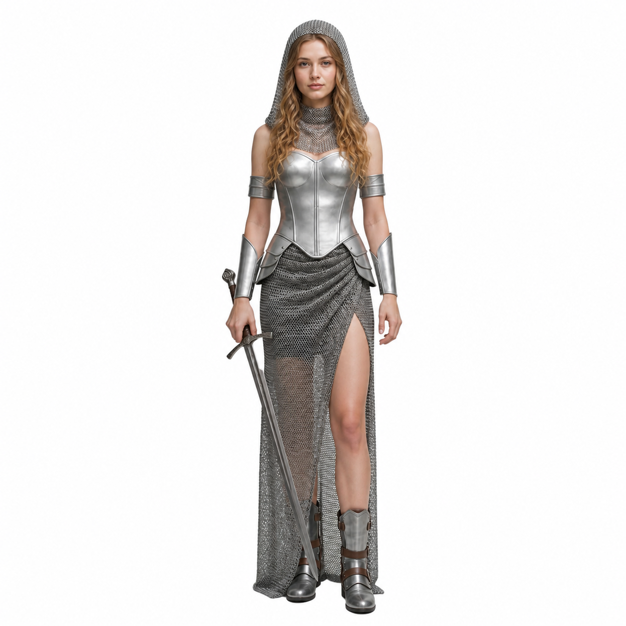 Renaissance Medieval Silver Chainmail Skirt Set Knight Outfits Cosplay Costume