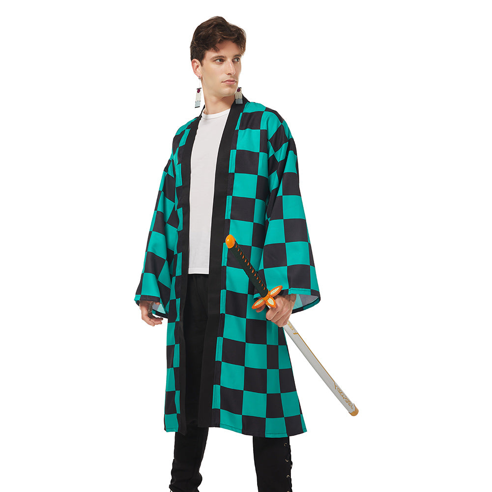 Tanjirou Green Long Robe Earrings Belt Set Cosplay Costume Halloween Carnival Suit