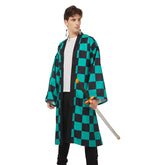 Tanjirou Green Long Robe Earrings Belt Set Cosplay Costume Halloween Carnival Suit