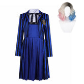 The Addams Family (2025) Blue Stirpes School Uniform Set Outfits Cosplay Costume Halloween Suit
