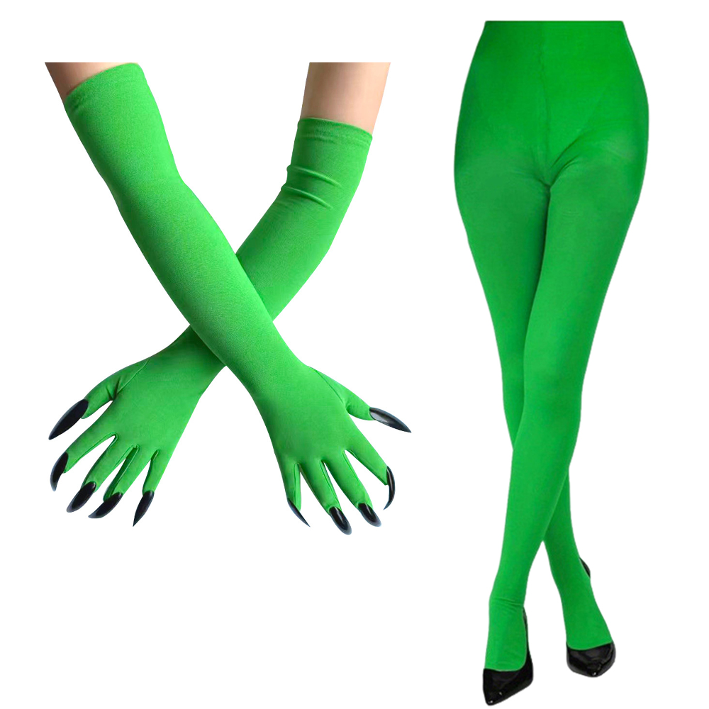 Wicked Elphaba Green Witch Nail Gloves Tights Stocking Cosplay Halloween Accessories Props
