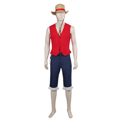 Kids Children Anime One Piece Luffy Red Set Outfits Cosplay Costume Halloween Carnival Suit