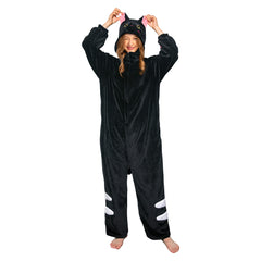 Black Cat Animals Onesie Flannel Pajamas Warm Home One-Piece Sleepwear For Unisex Adult - OLAOLA