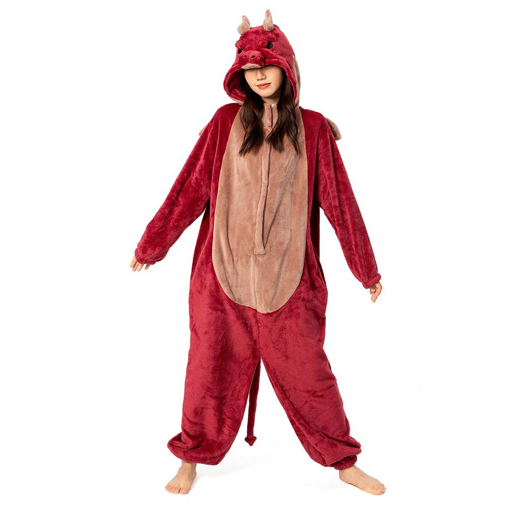 Cartoon Animal Red Dragon Pajamas Onesies Sleepwear Flannel Jumpsuits Outfits Halloween Carnival Suit - OLAOLA