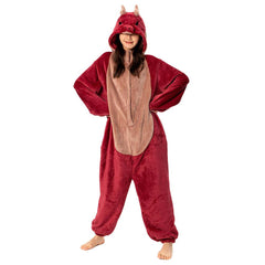 Cartoon Animal Red Dragon Pajamas Onesies Sleepwear Flannel Jumpsuits Outfits Halloween Carnival Suit - OLAOLA
