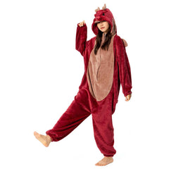 Cartoon Animal Red Dragon Pajamas Onesies Sleepwear Flannel Jumpsuits Outfits Halloween Carnival Suit - OLAOLA