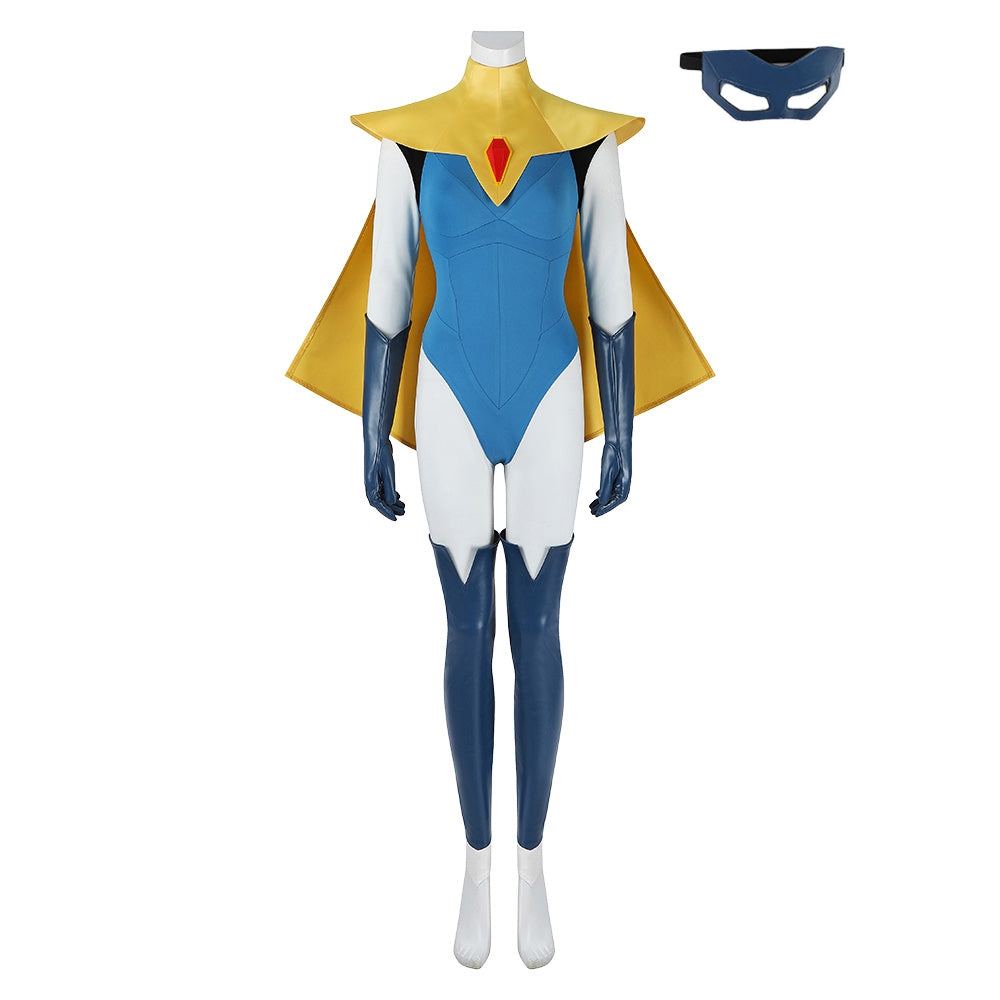 Dispatch (2025) Blonde Blazer Blue Jumpsuit Cape Set Outfits Cosplay Costume