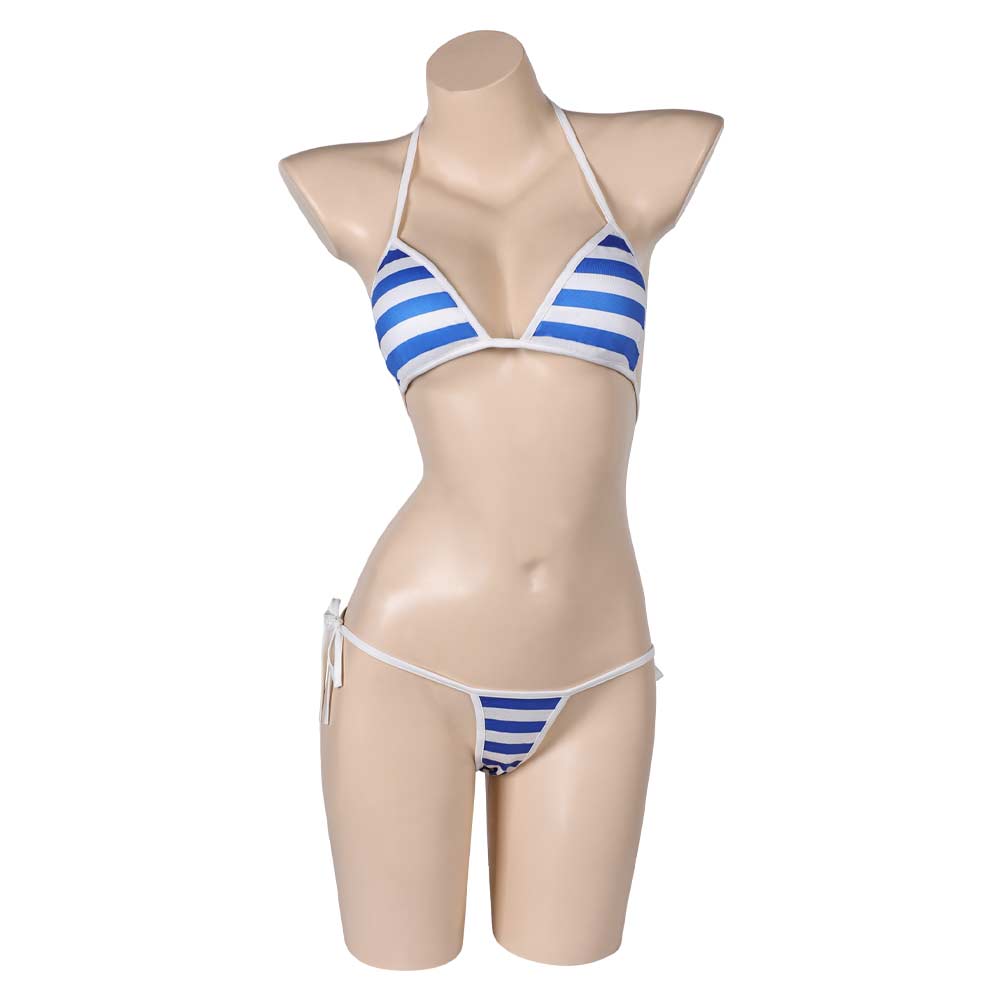 Game Street Fighter Cammy Blue And White Stripes Swimsuit Outfits Cosplay Costume Halloween Carnival Suit 