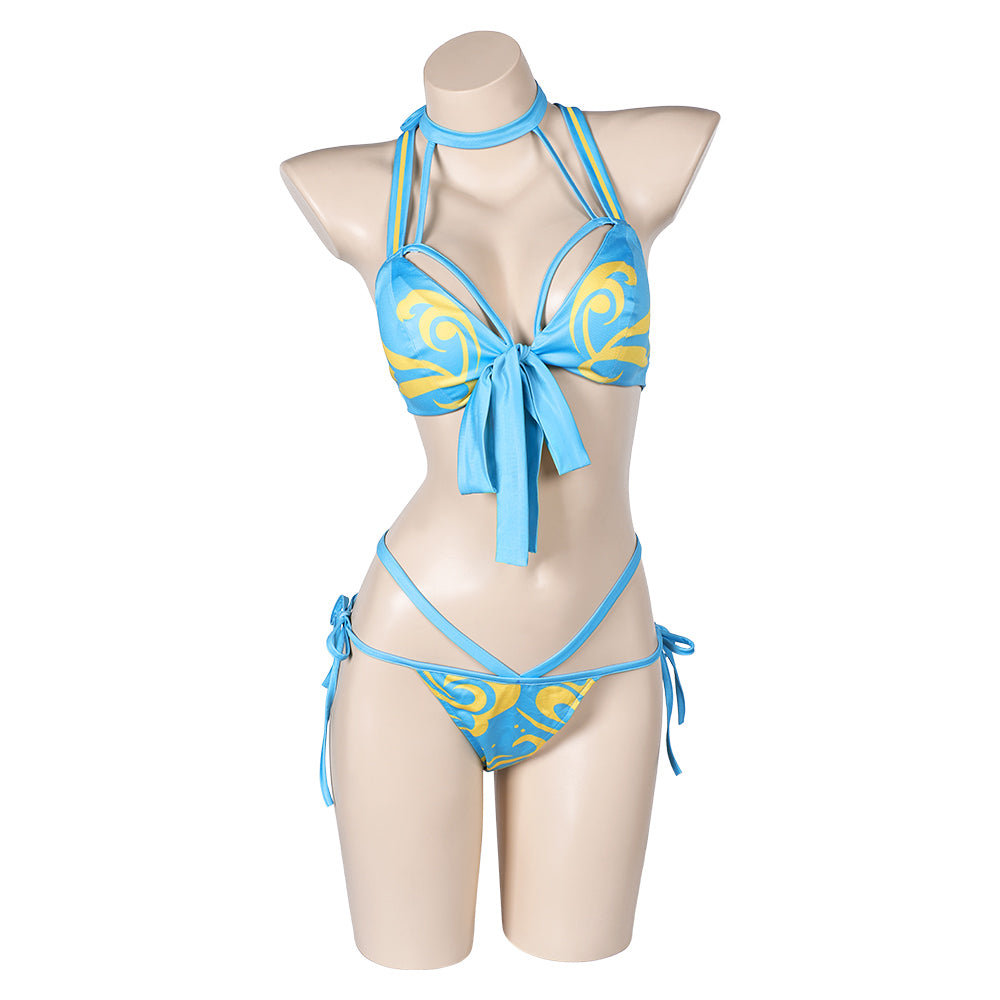 Game Street Fighter Chun Li Swimsuit Blue Printed Bikini Outfits Cosplay Costume Halloween Carnival Suit