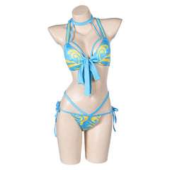 Game Street Fighter Chun Li Swimsuit Blue Printed Bikini Outfits Cosplay Costume Halloween Carnival Suit