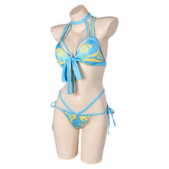 Game Street Fighter Chun Li Swimsuit Blue Printed Bikini Outfits Cosplay Costume Halloween Carnival Suit
