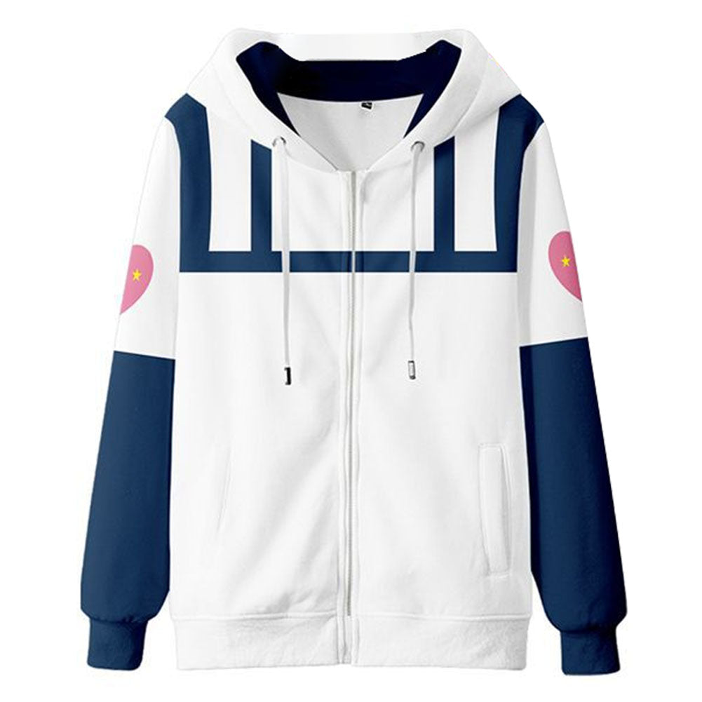 Jonathan Joestar White Printed Zip-Up Hoodie Sweatshirt Outfits Cosplay Costume