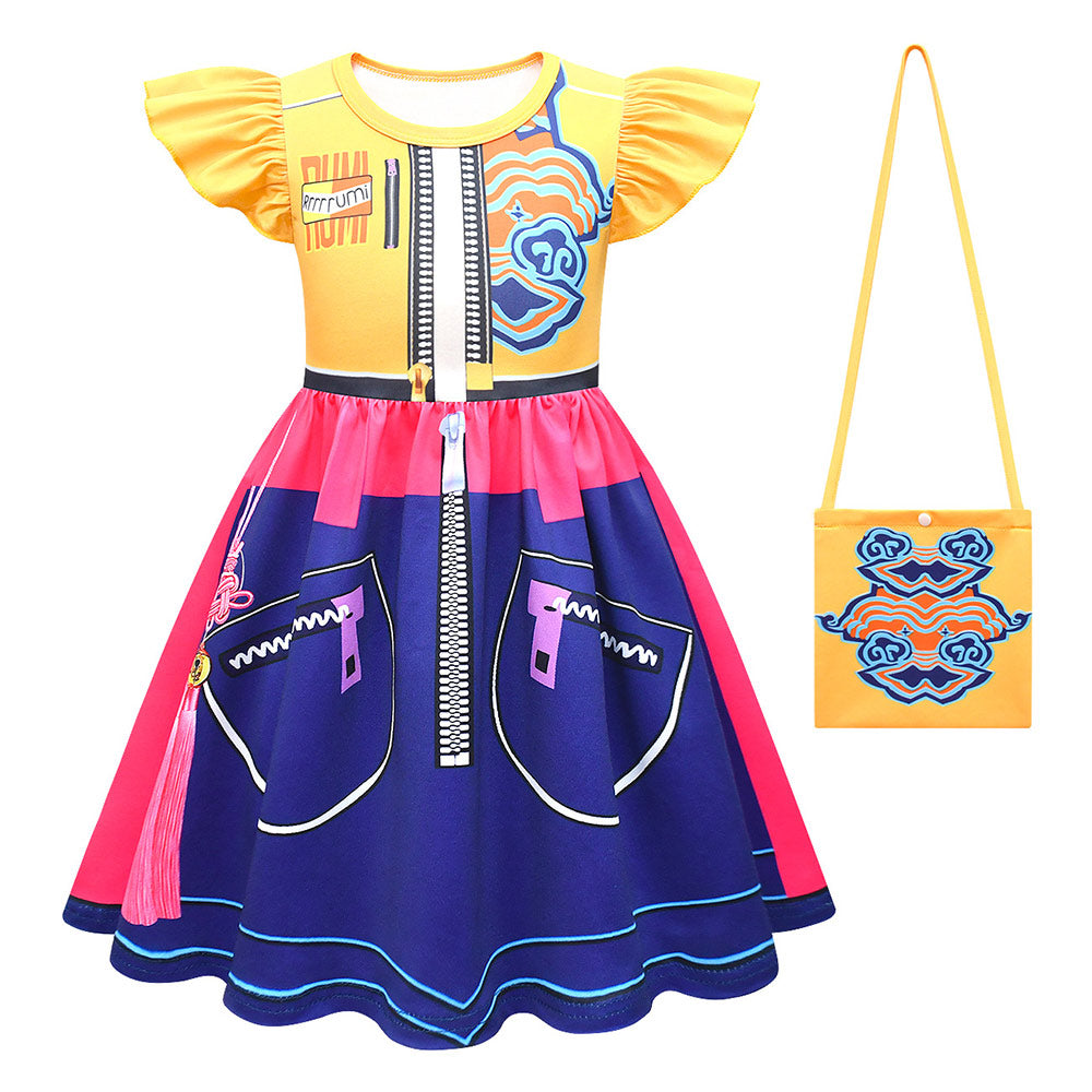 Kids Children KPop Demon Hunters (2025) Rumi Printed Yellow Blue Dress Bag Outfits Cosplay Costume