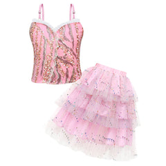Kids Children Wicked (2024) Glinda Pink Mesh Skirt Outfits Cosplay Costume