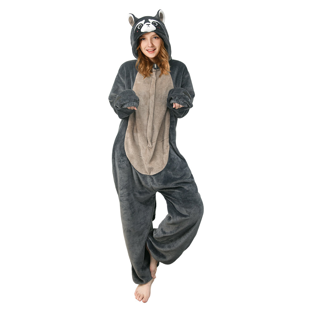 Plush Gray Raccoon Animals Onesie Pajamas Warm Home One-Piece Sleepwear For Unisex Adult Halloween Costume - OLAOLA