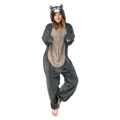 Plush Gray Raccoon Animals Onesie Pajamas Warm Home One-Piece Sleepwear For Unisex Adult Halloween Costume - OLAOLA
