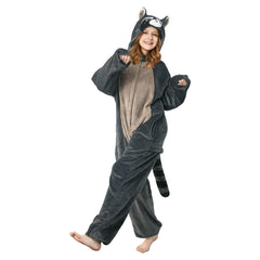 Plush Gray Raccoon Animals Onesie Pajamas Warm Home One-Piece Sleepwear For Unisex Adult Halloween Costume - OLAOLA