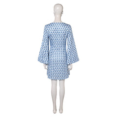 Retro 70s Hippie Disco Blue Jacquard Dress Cosplay Costume Outfits Carnival Suit