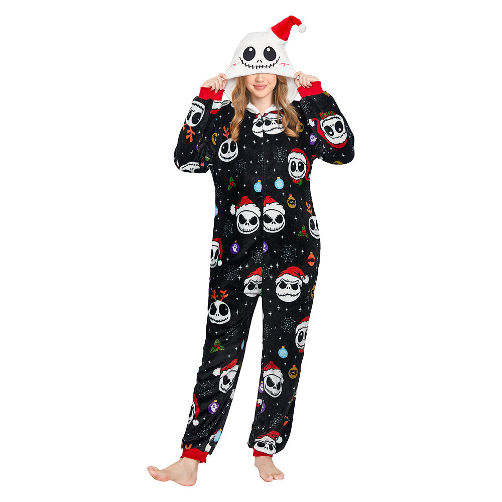 Skeleton Printed Pajamas Adult Unisex Plush Animal Onesie Warm Home Costume One-Piece Sleepwear Halloween Carnival Suit - OLAOLA