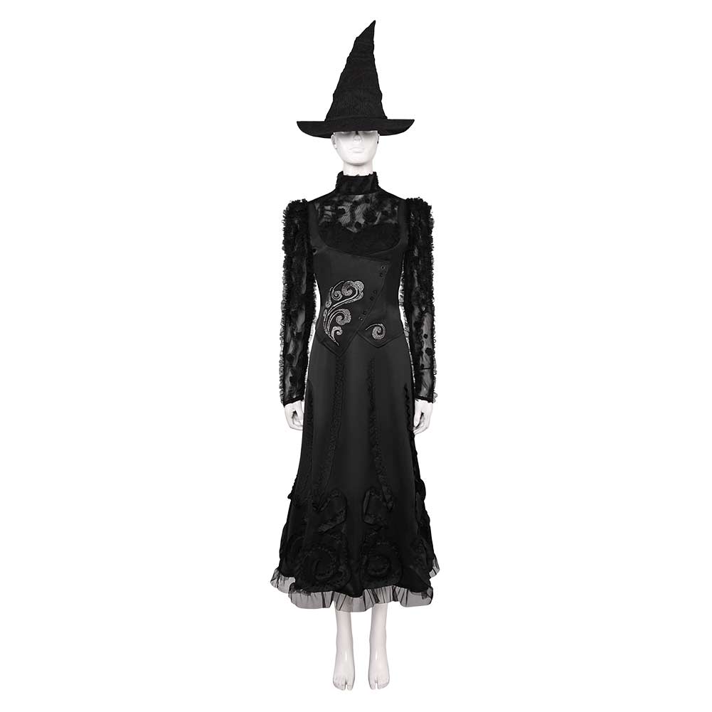 Wicked (2024) Elphaba Black Mesh Dress Set Witch Outfits Halloween Cosplay Costume