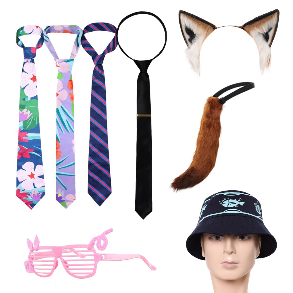 Zootopia 2 (2025) Nick Wilde Neckties Pre Tied Tie Glasses Hat Fox Ears Tail Cosplay Accessories Props