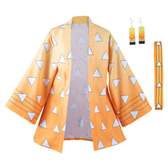 Agatsuma Zenitsu Yellow Kimono Robe Earrings Belt Set Outfits Cosplay Costume