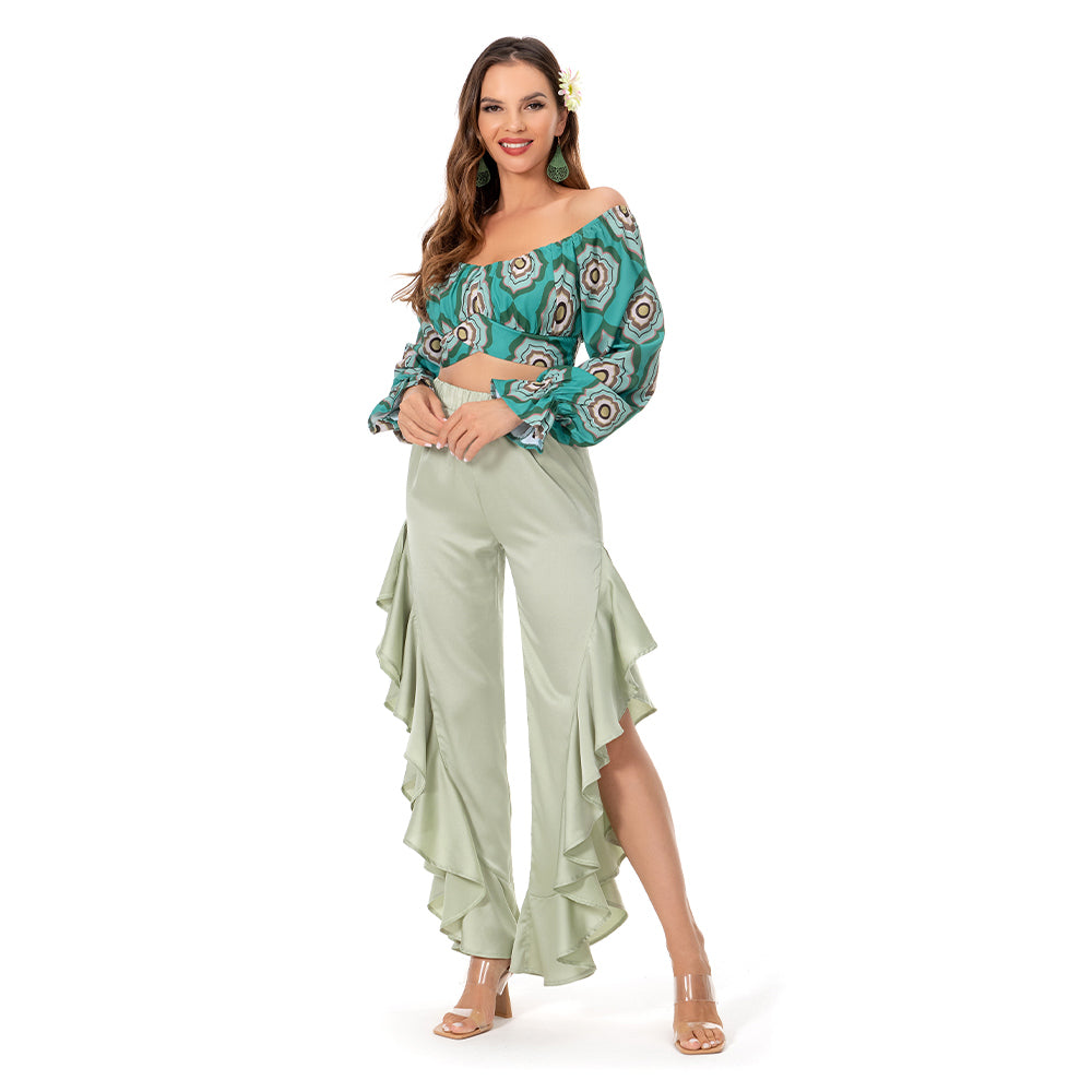 Women 1970s Hippie Retro Vintage Cosplay Costume Off-shoulder Blouse Pants Outfits Halloween Carnival Suit