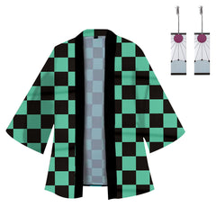 Kimono Tanjirou Cospaly Costume Cotton Print Casual Coat with Earrings Halloween Carnival Suit