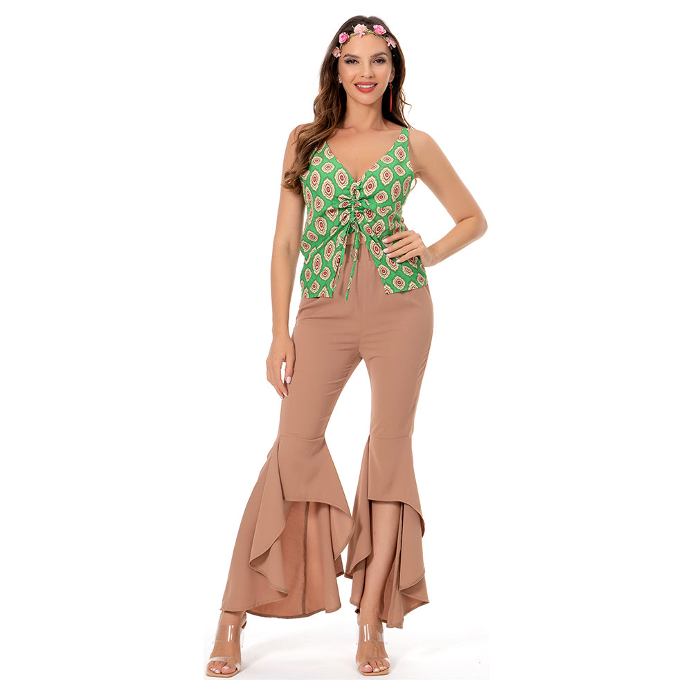 1970s Retro Vintage Hippie Drawstring Lace Up Ruffle Shirt Pants Outfits Halloween Carnival Suit