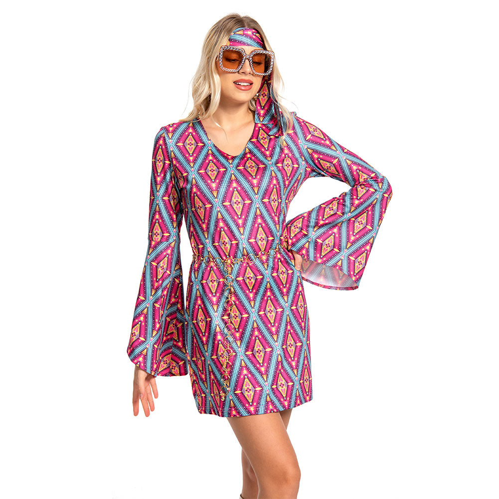 Women Retro 70s 80s Vintage Party Prism Print Disco Dress Hippie