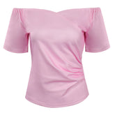 Pink Ladies Grease Cosplay Costume T-shirt Women Pink Off-shoulder Short Sleeve Shirt Top