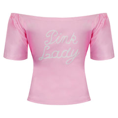 Pink Ladies Grease Cosplay Costume T-shirt Women Pink Off-shoulder Short Sleeve Shirt Top