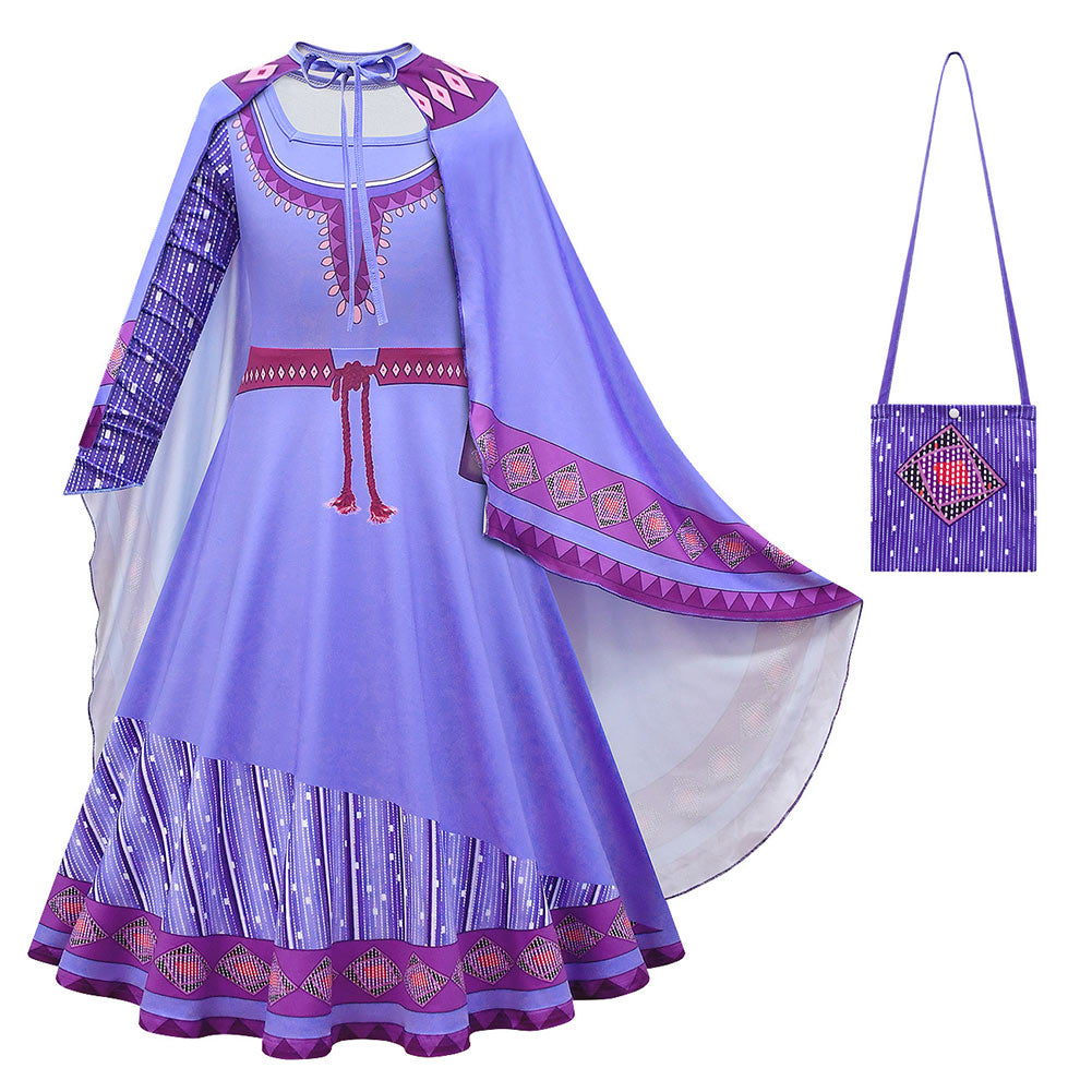 Kids Girls Movie Wish 2023 Asha Outfits Purple Dress Cosplay Costume H